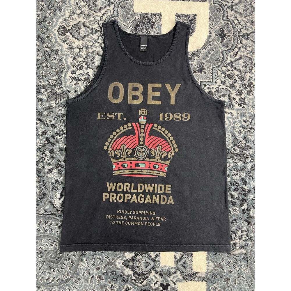 OBEY Propaganda Logo Tank Top Skate Streetwear Hip Hop Spellout Size Large Black